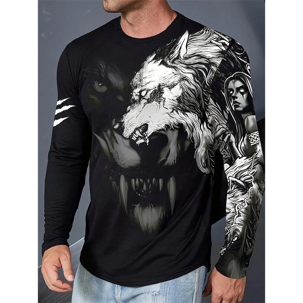 Rudens vīriešu apkakles T-krekls ar garām piedurknēm 3D Wolf Print T-krekls ar garām piedurknēm Outdoor Street Men Modes T-krekls ar garām piedurknēm