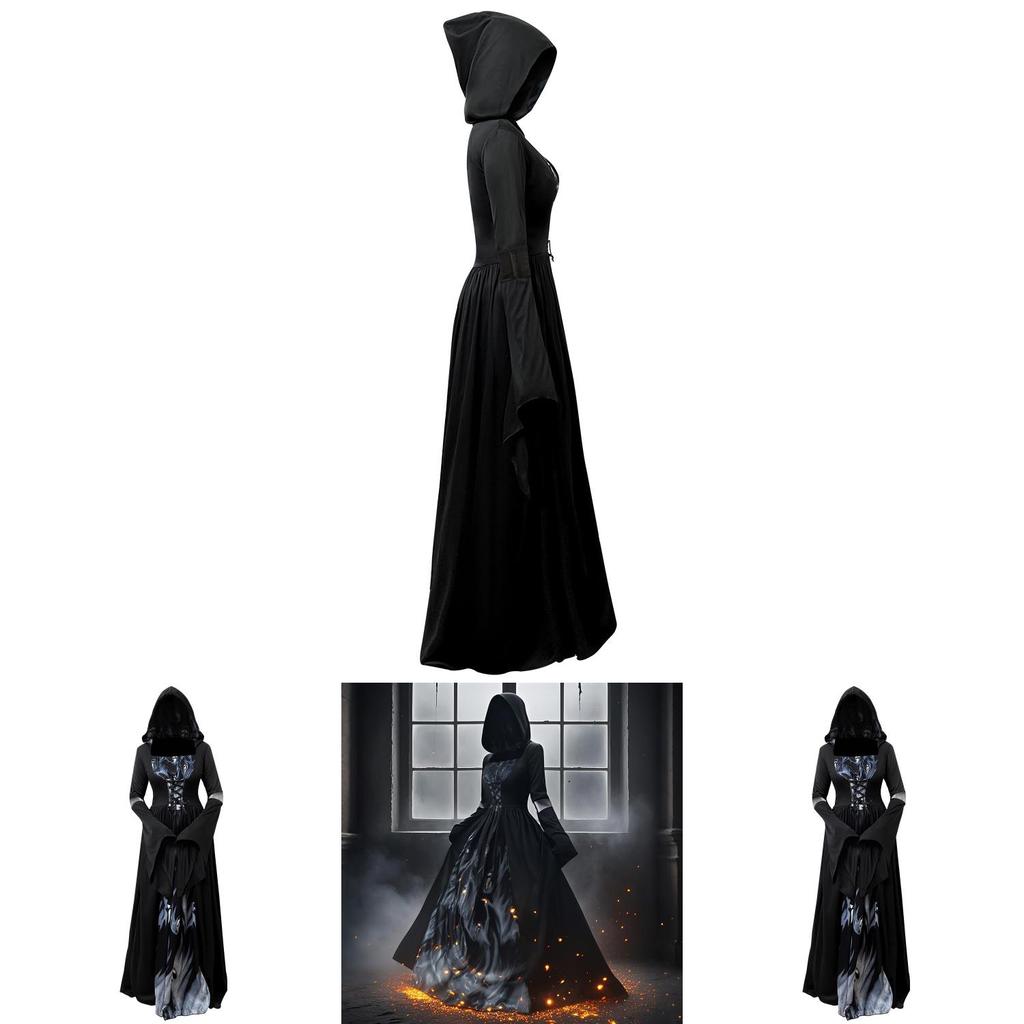 Robe de Sorcière d'Halloween à Capuche Costume Cosplay Pour Femmes En Tissu Polyester Pour Spectacle sur Scène