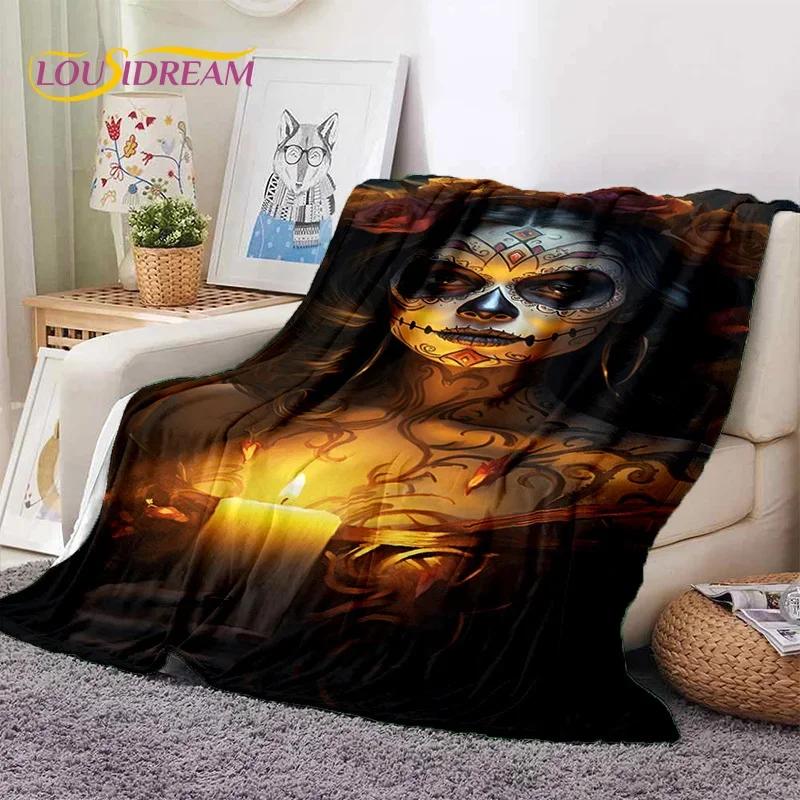 Totenkopf Totes Mädchen 3D Gothic Horror Weiblich Rose Weiche Flanelldecke für Betten Schlafzimmer Sofa Picknick, Überwurfdecke zum Zudecken Freizeit