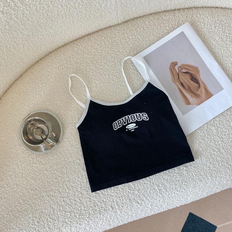 Early Autumn Korean Version of All Short Strap Top Tide Patchwork Color Printed Letters Sleeveless Knitted Small Vest Woman