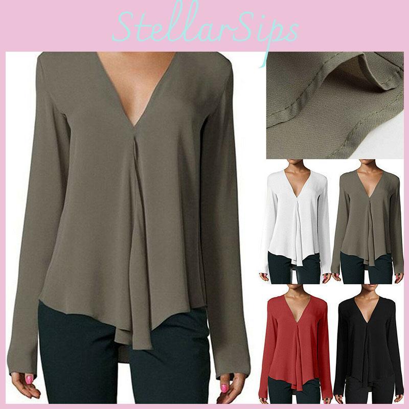 Elegant Womens Summer Casual Long Sleeve Loose Chiffon T-shirt Blouse For All Sizes