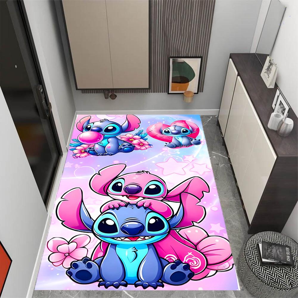 Stitch Adventure In Flowers Disney Cartoon Theme Anti-Slip Rug - Polyester, Home Decor, Suitable for Bedrooms, Living Rooms, Doorways, and Studios