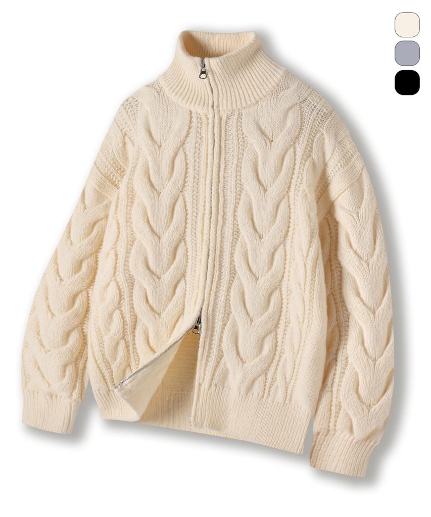 GHOST REPUBLIC Cable 2-Way High-Neck Knit Zip-Up 3 Colors Gkz-277