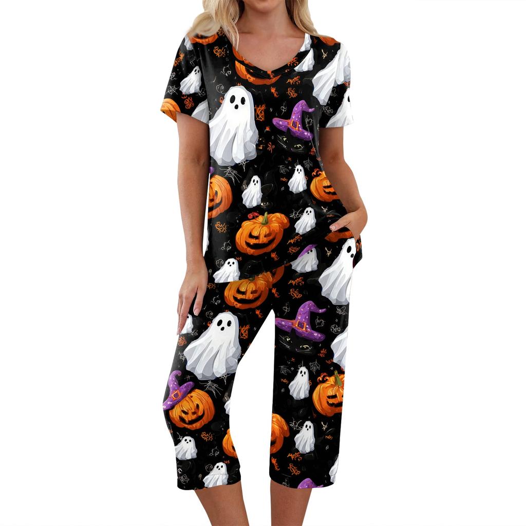 Women's Halloween Two-Piece Outfit Set - Casual Short Sleeve Top and Printed Pants, Comfortable Sportswear for Holiday Parties