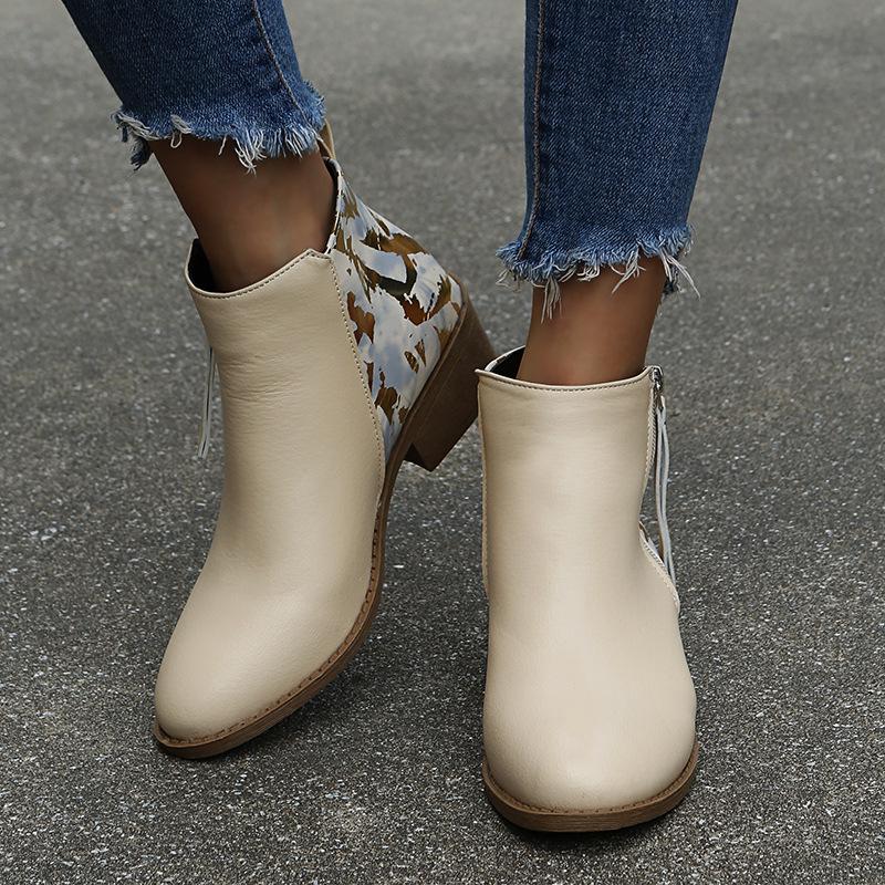 Plus Size Leopard Print & Nude Pointed Toe Ankle Boots with Side Zipper - Women's Leather Boots for Fall/Winter 2021
