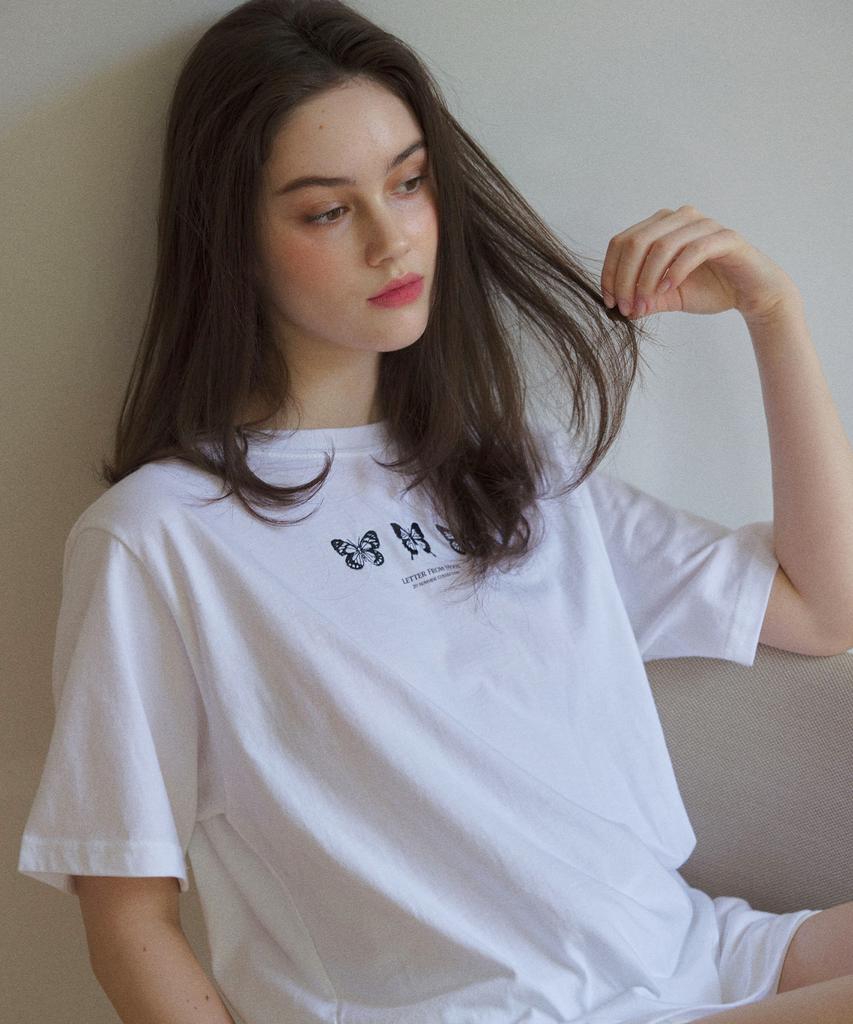 LETTER FROM MOON Triple Butterfly Embroidery Oversized Short Sleeve T-Shirt (White)