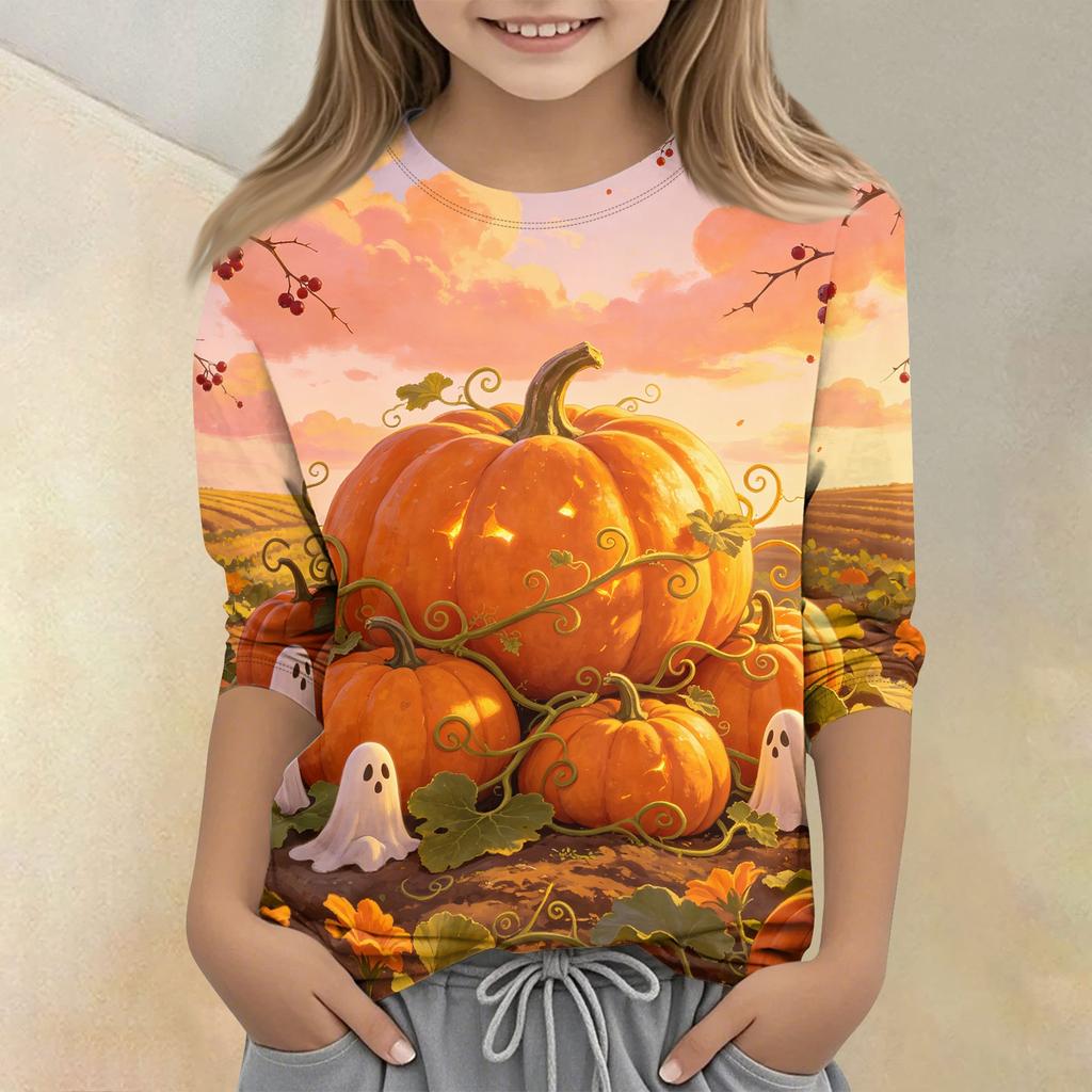 T-shirt Haut Décontracté Imprimé Halloween Col Rond Manches Trois Quarts pour Garçons et Filles Tissu Doux Confortable