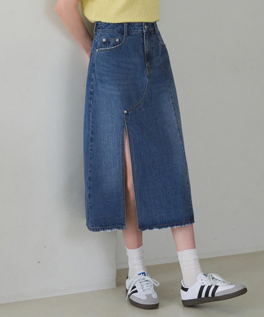 Deuloupisumeon Vertical Line Denim Long Skirt [Light Blue]