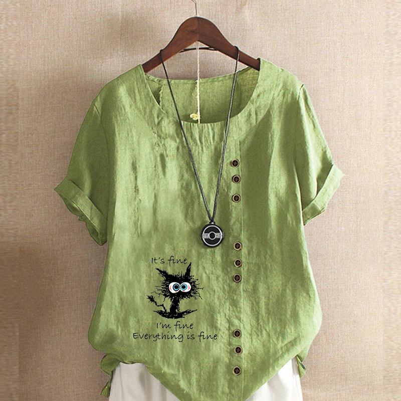 Women's Fashion Cartoon Cat Prined Short Sleeve T-shirt Loose Cotton Shirt Casual Loose Summer Blouse Tops Plus Size