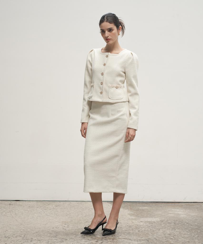 320 Showroom Tweed H-Line Back Slit Skirt Cream