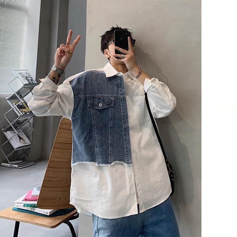 Spring and Summer Style Long Sleeved Shirt Men Loose Niche Design Contrasting Color Stitching Denim Shirt
