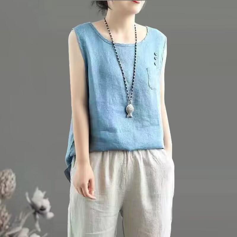 Women's Cotton & Linen Artistic Sleeveless Vest - Solid Color, Round Neck, Slim Fit Camisole for Spring/Summer