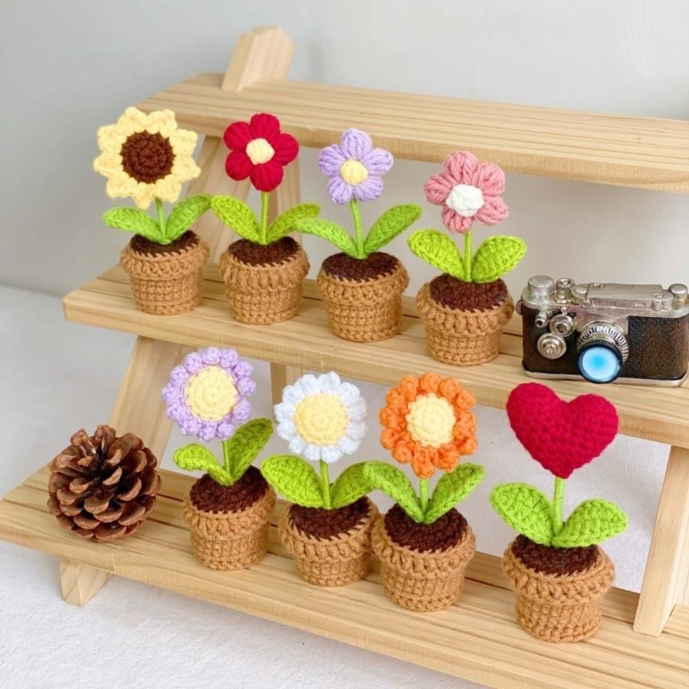 Mini Knitting Flowers Potted Rose Sunflower Knitted Eternal Flower Desktop Ornament Office Decor