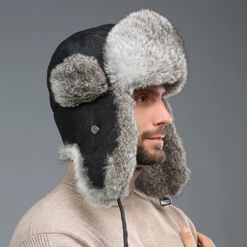 Rabbit Fur Lei Feng Hat for Men and Women In Winter Thickened Warm Ear Protection Cold Outdoor Northeast Leather Straw Hat Ski Hat Cotton