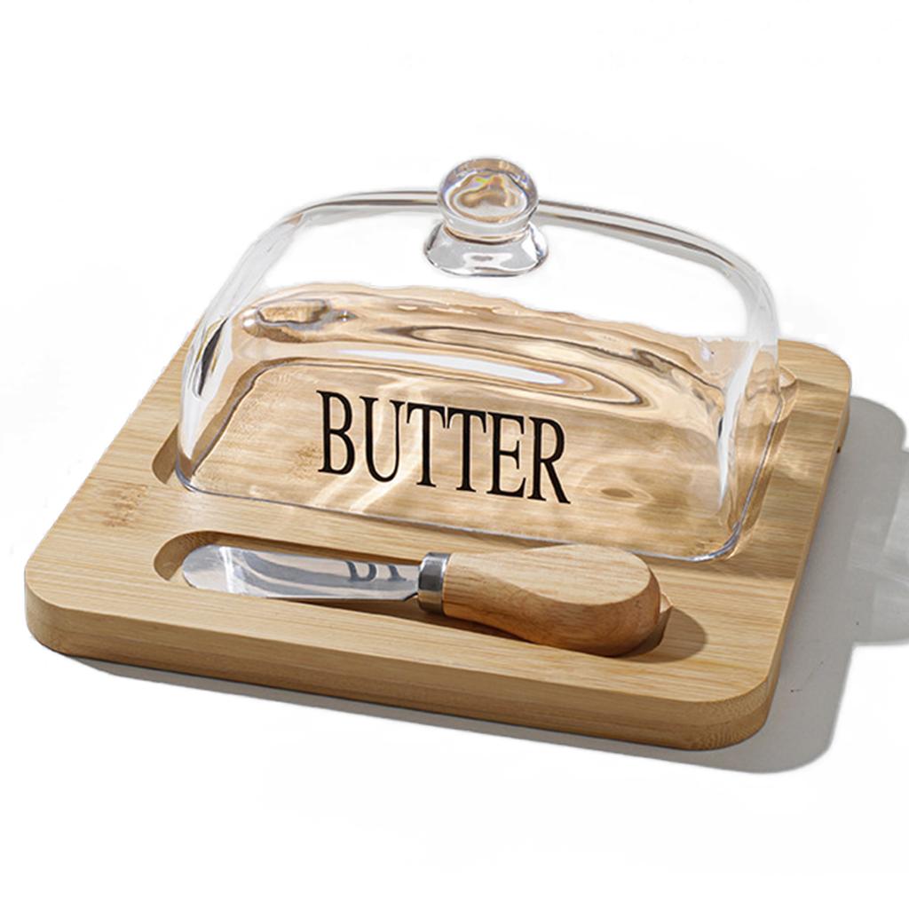 Leeseph Bamboo Butter Dish with Glass Lid and Cutter, Reusable Butter Storage Dish Butter Case, Butter Container, Kitchen Tool