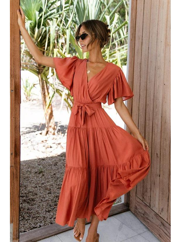 Bohemian V-neck Print Short Sleeve Waist-Cinching Long Dress Available