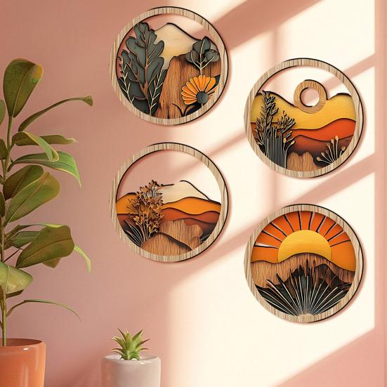 4 Pcs Boho Wall Art, Bohemian Sunset Mountain Plant Wall Decor, Wooden Round Circle Hollow Out Farmhouse Hanging Ornament for Bedroom, Living Room