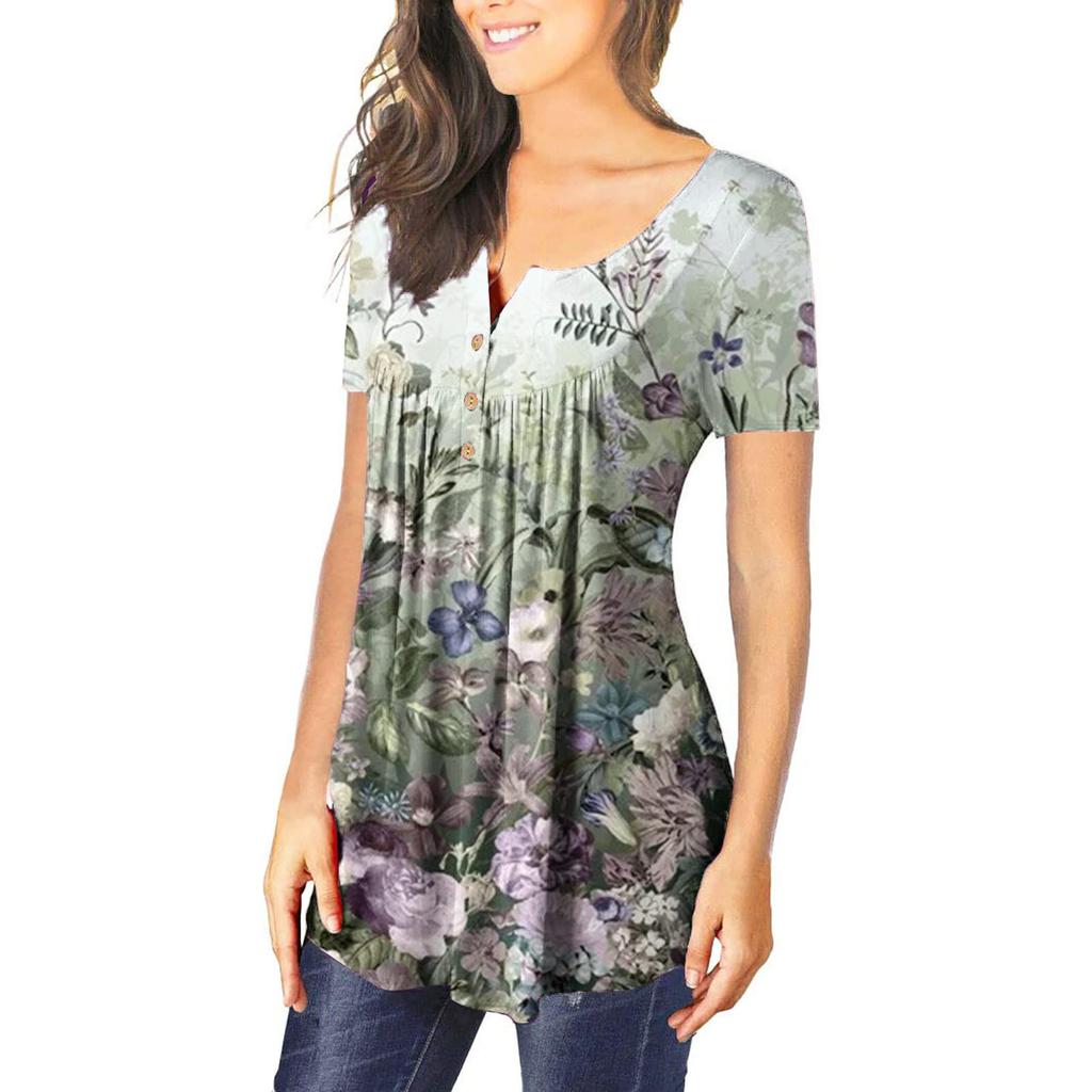 Women's Short Sleeve Tunic Loose Tops Casual Plus Size Tops Pleated Tunic Button Casual Summer Floral Tie Tops For Women