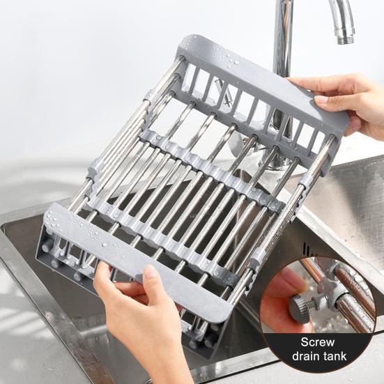 Drain Basket Stainless Steel Kitchen Sink Drain Basket Telescopic Drying Rack with Non-Slip Support Utensils Storage Holder