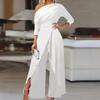 Elegant Jumpsuits for Women Spring  Plain Elegant Office Lady Loose Ruched Cold Shoulder Split Hem Wide Leg Jumpsuit