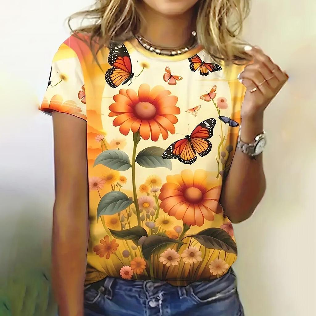 Summer Women's T Shirt Flower Graphic Print Casual Short Sleeve Female Crew Neck T-Shirts Street Fashion Tops Outdoor Clothes