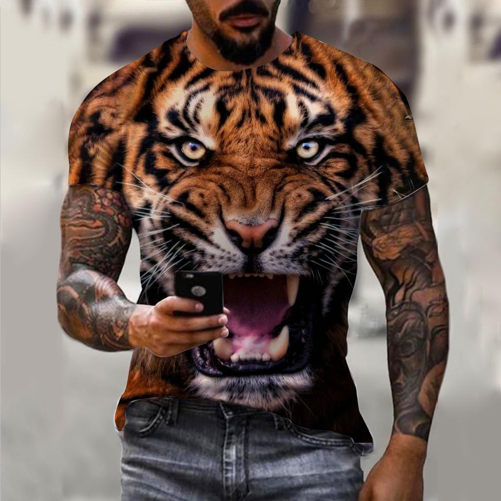 Summer Round Neck 3D Tiger Print Top Fashionable Casual Short Sleeved Men's T-shirts
