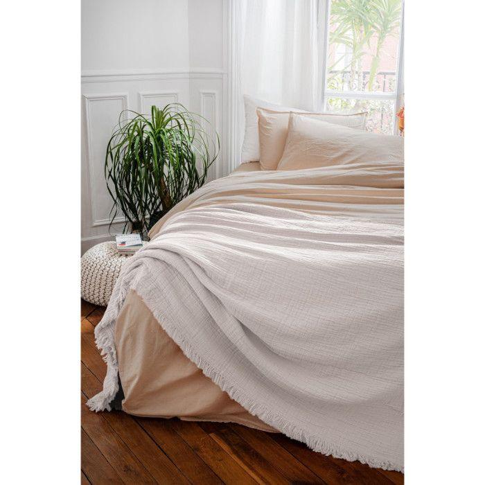 Fringed Bedspread "Brehat" Stonewashed Cotton Gauze Golden Fleece - 180x250 - Brehat White