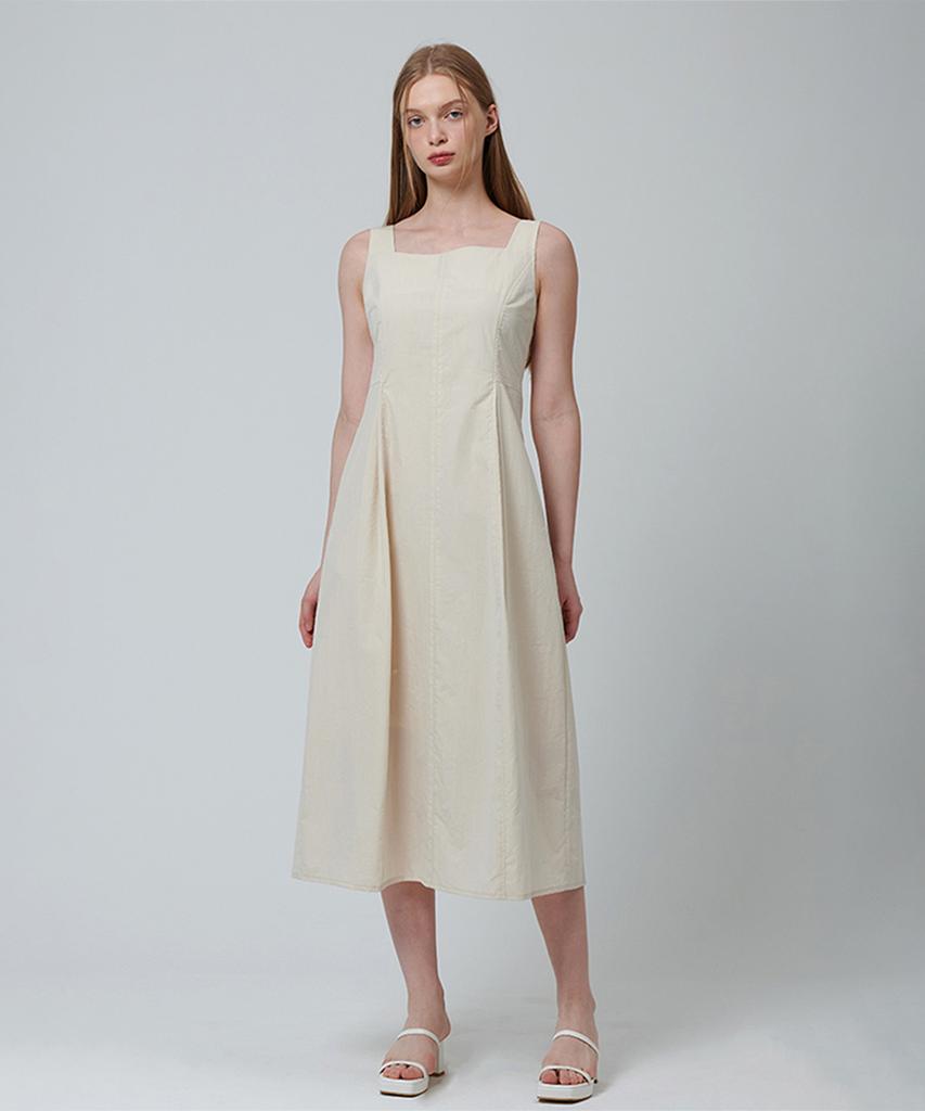 Pin Black Square Neck Pintuck Sleeveless Dress Beige
