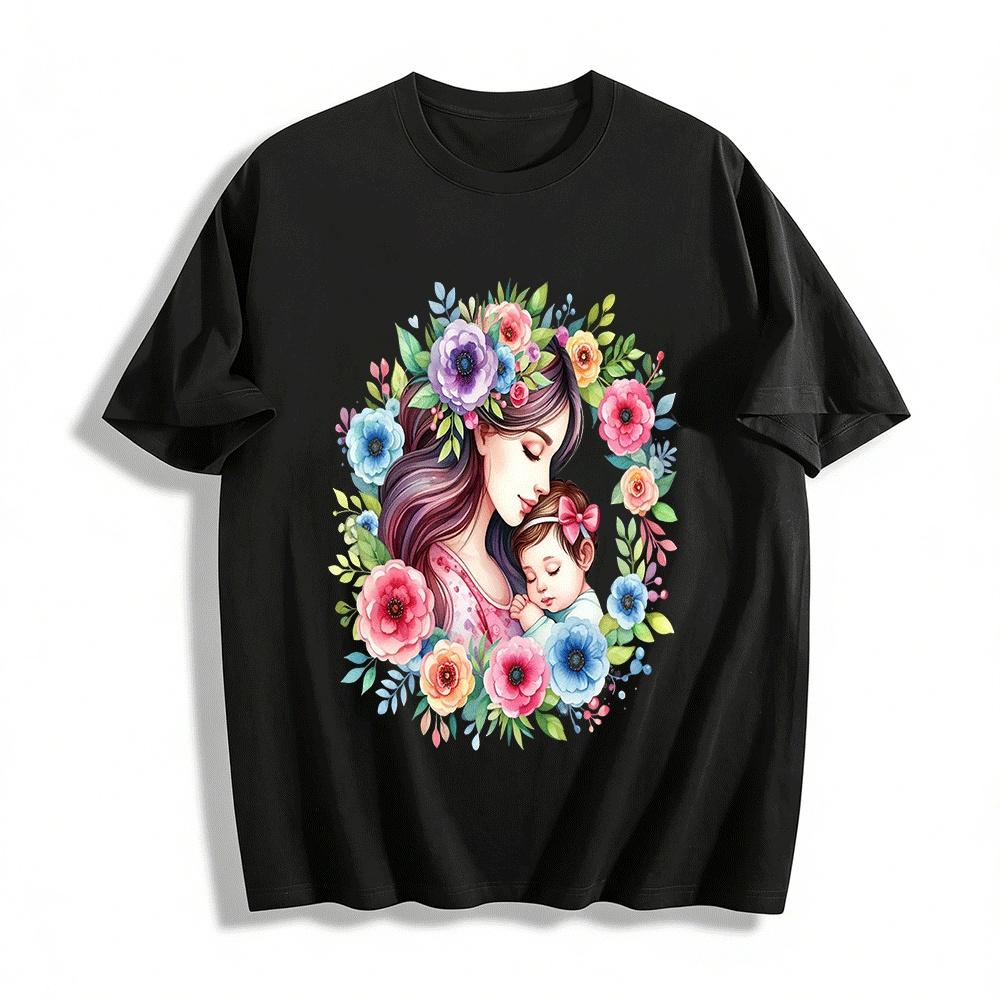 Floral Print Mom And Baby Hug Casual Parent-child T-shirts Pure Cotton T-shirt