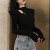 Threaded Half-High Collar Slim Fit Women's T-Shirt - Fashionable Long Sleeve, Autumn/Winter Style with Clavicle Detail.
