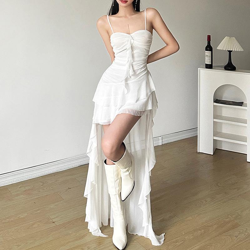 Y2K Irregular White Midi Dress Women Gothic Spaghetti Straps Ruffles Black Dresses Summer Korean Fairy Holiday Vestidos
