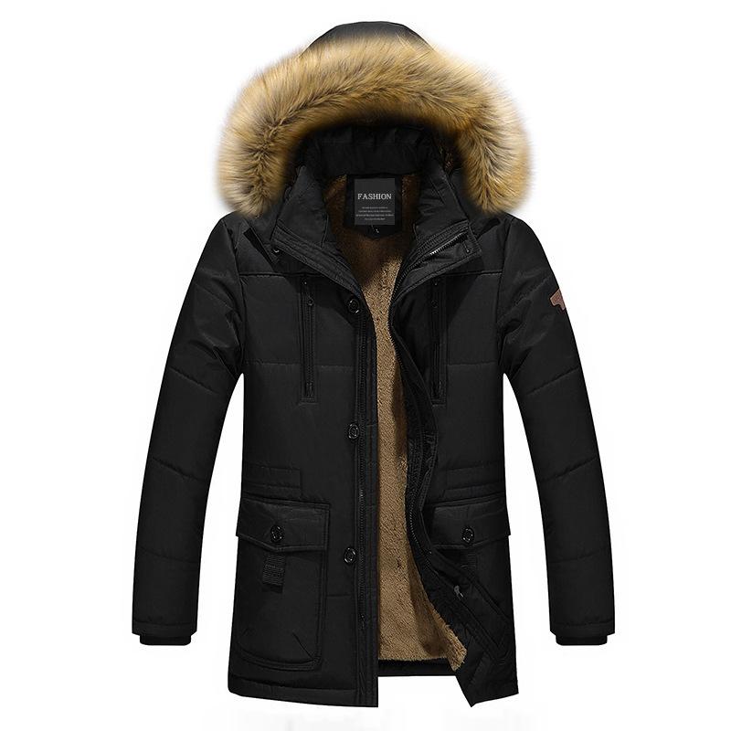 Winter Men's Mid-length Cotton Coat Men's Thickened Hooded Cotton Coat Large Size