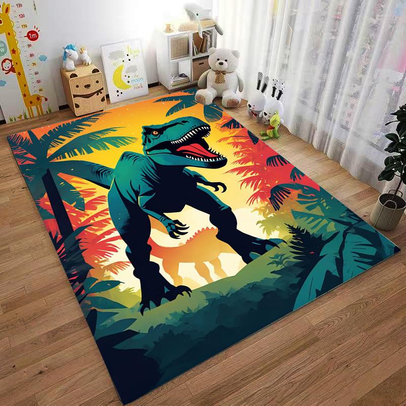Dinosaur Jungle Rug with T-Rex Graphic and Tropical Sunset Design Suitable for Use As an Anti-slip for Living Room Bedroom Sofas