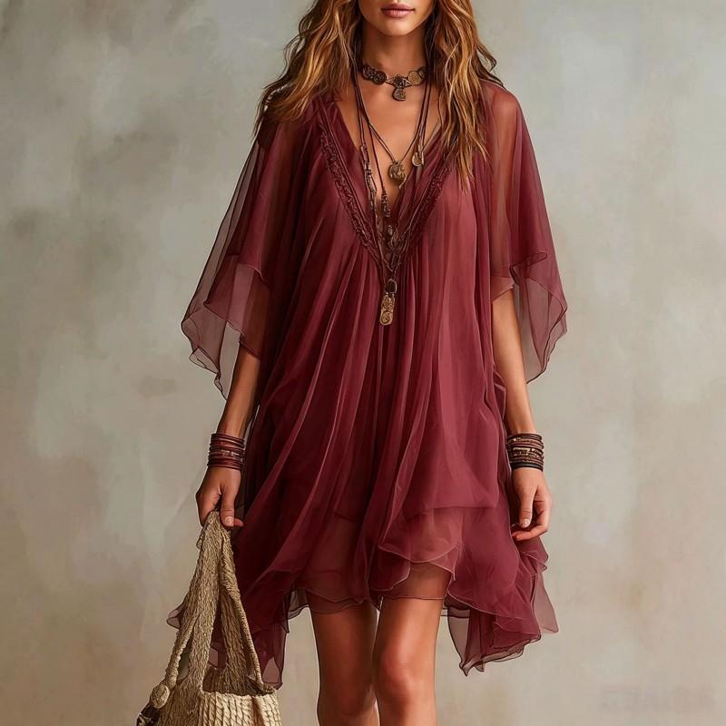 2026 Womens V-Neck Chiffon 2-Piece Set Loose Beach Cover-Up Dress With Flared Skirt