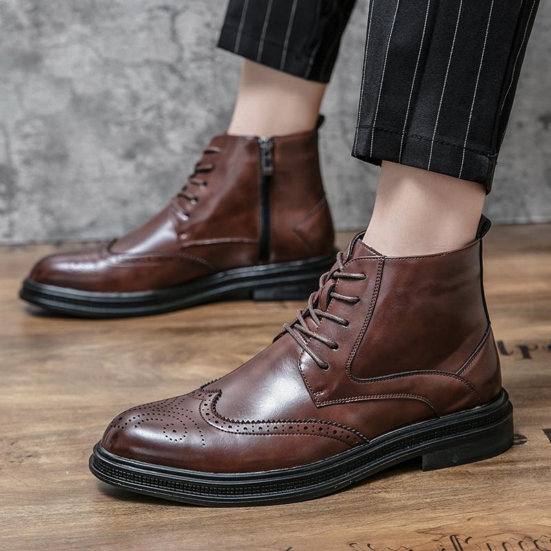 Fashion Trends Top Vintage Old Handmade Men's Brogue Boots Tooling Cow Leather Brown Shoes Warm Plush Zipper Ankle Boots Desert