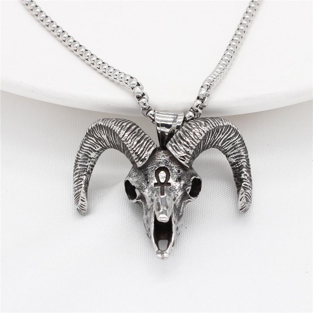 Retro Fashion Gothic Goat Head Pendant Punk Stainless Steel Egyptian Cross Necklace Personality Amulet Jewelry Gift