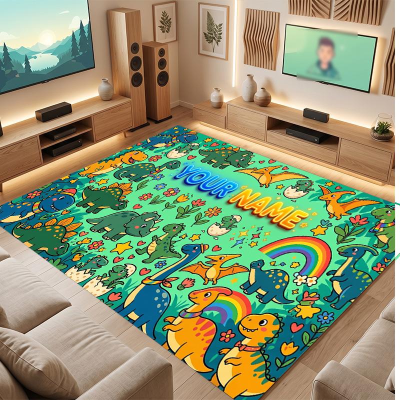 Dinosaurier-Thema Weicher Kristall-Samt Teppich Benutzerdefinierter Name & Text Druck Rutschfester Boden Teppich für Schlafzimmer Wohnzimmer