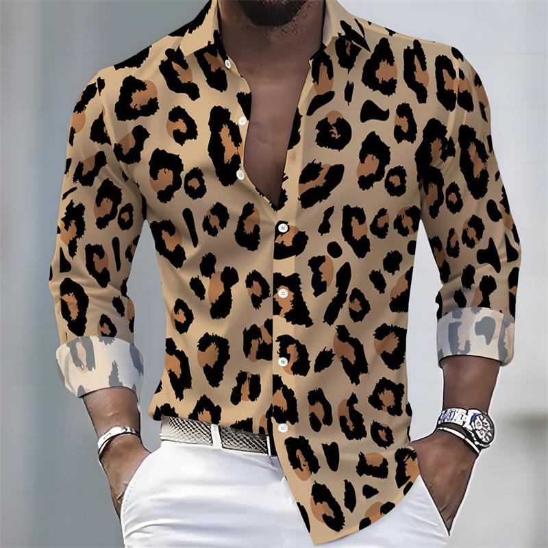 New Men's Leopard Print Long-Sleeved Shirt, Trendy Retro Slim-Fit Turn-Down Collar Casual and Stylish Men's Shirt, Sizes S-6XL.