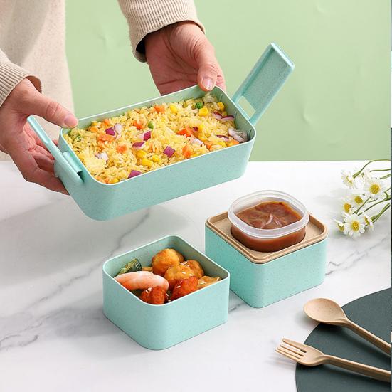 Leak-proof Bento Lunch Box with 3 Compartments Double Layer Buckle Closure Microwave Safe Stackable Salad Box for Kids Adults