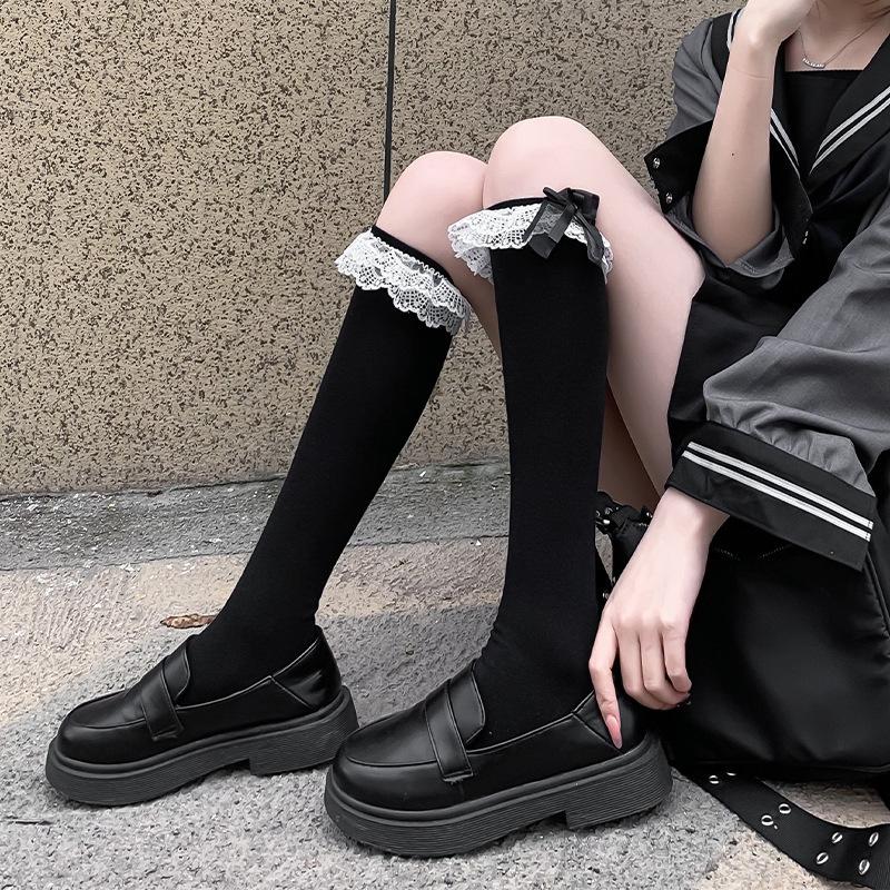 JK Hottie Lolita Socks Lace Calf Socks Lolita Medium Long Bow Cotton Socks Spring Autumn Winter