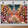 2D Flat 1 Piece of Christmas Candy Cane Path Polyester Background Fabric, Trees and Candy Canes, Perfect Christmas Decoration