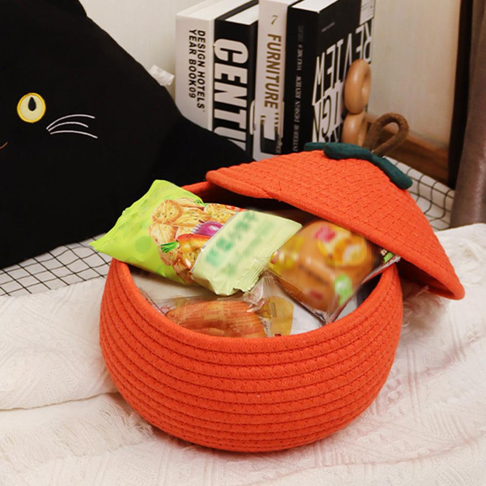 Halloween Woven Pumpkin Basket with Lid Pumpkin Gift Basket Multi-Function Cute Pumpkin Bucket Decorative for Candy Snacks