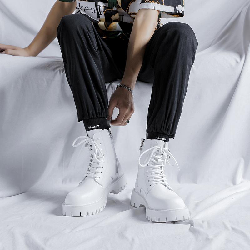 Fashion New Lace-Up Men Casual Motorcycle Boots Leather Men Fashion High Top Walking Shoes All-match Non-Slip Outdoor Boots