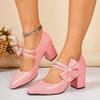 Women Patent Leather Mary Jane Pumps Bow Decor Pointed Toe Chunky Heel Shoes Fashion Party Footwear
