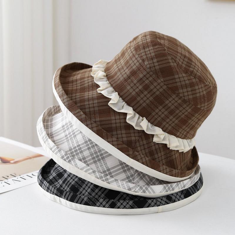 Women'S New Spring Summer Plaid Bucket Hat, Rolled Brim Lace Decor, Casual Travel Hat