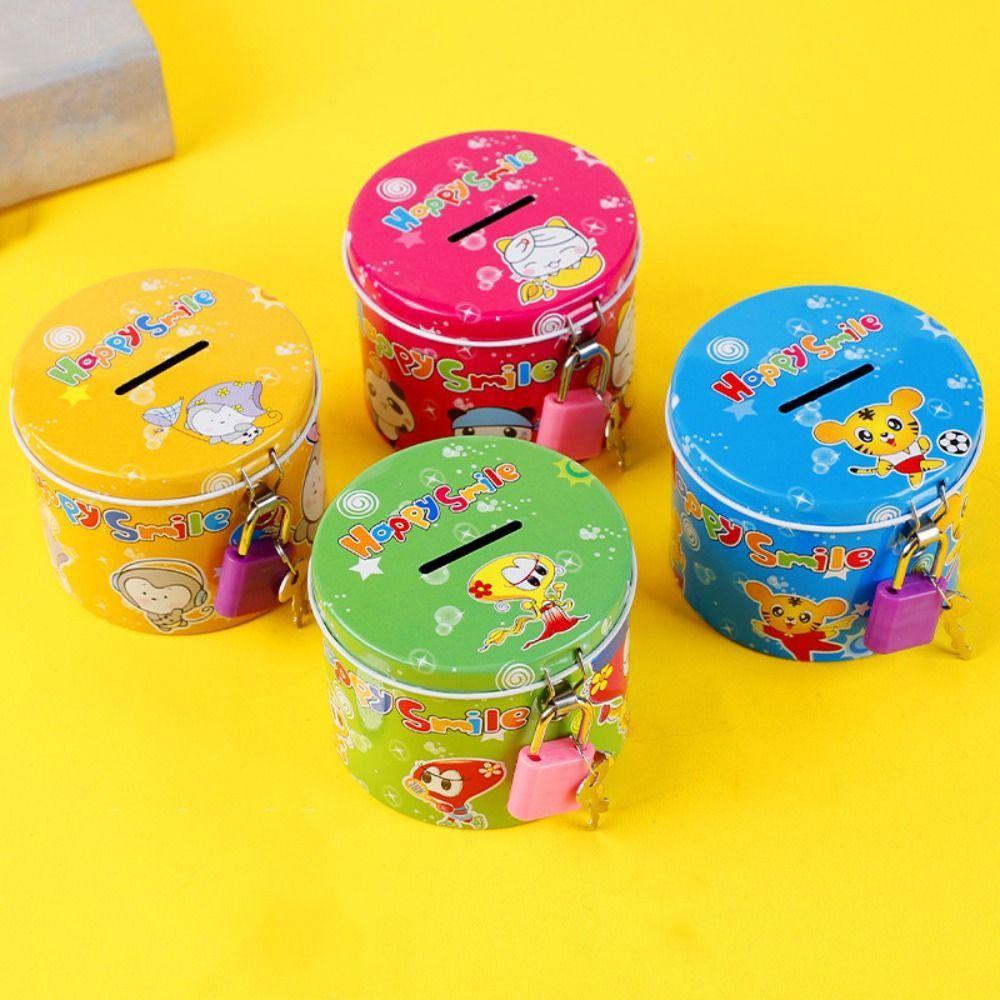 With Lock and Key Tinplate Piggy Bank Cartoon Print Design High Capacity Coin Savings Box Cute Iron Art Storage Jar Bedroom