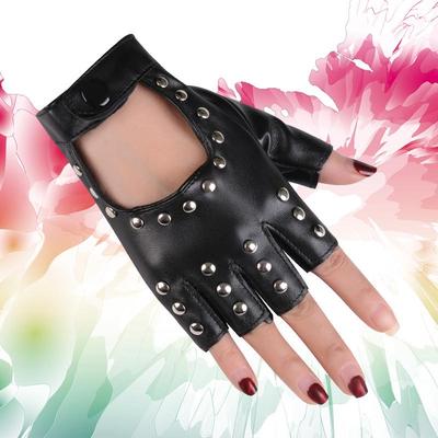 Mănuși de Motociclist Cyberpunk PU cu Degete Tăiate pentru Femei, cu Design cu Nituri, pentru Dans și Club de Noapte