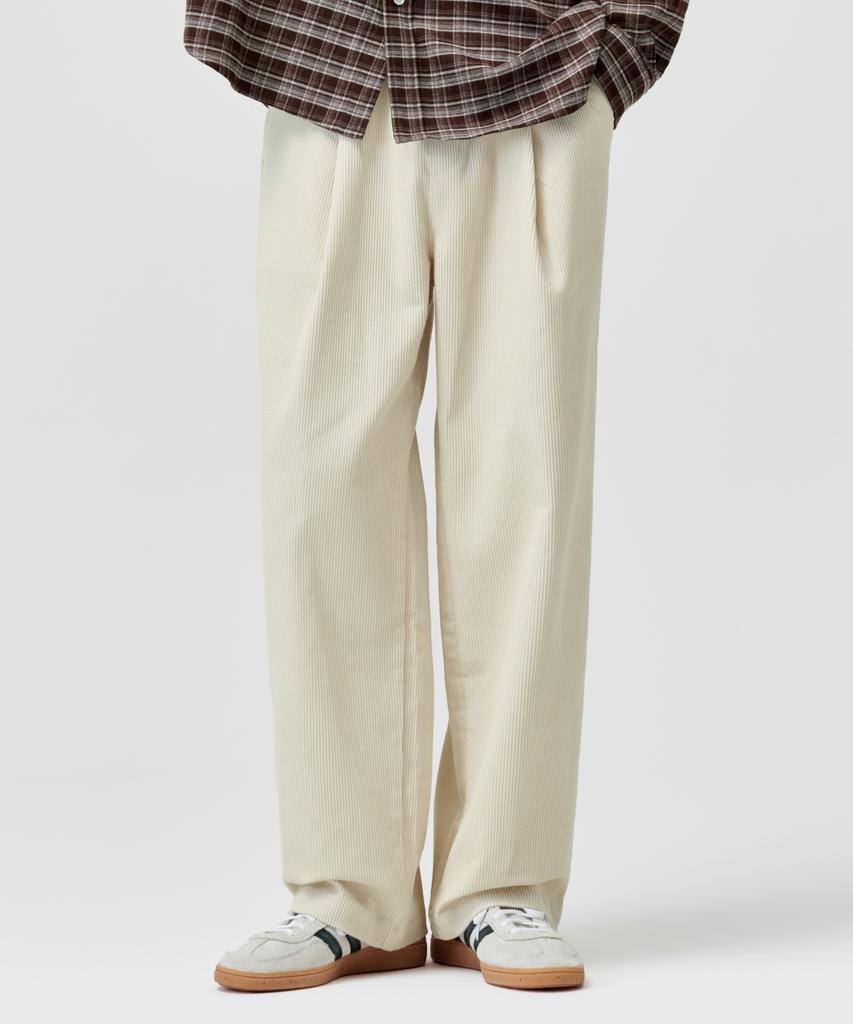 AGOD Single-Pleat Wide Corduroy Elastic Pants [Ivory]