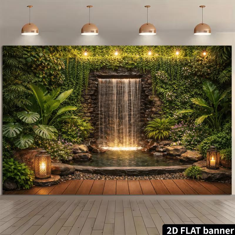 2D Vintage Lantern Stone Waterfall Jungle Photography Background Cloth