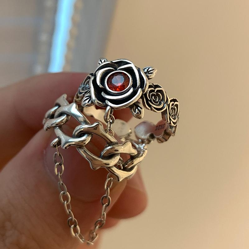New Korean Thorn Rose Double Finger Ring Ladies Vintage Silver Color Fashion Chain Flower Opening Ring Wedding Party Gifts